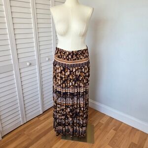 Cute Options Brown Mustard Floral Tiered Maxi Skirt OS Boho Festival Cottagecore